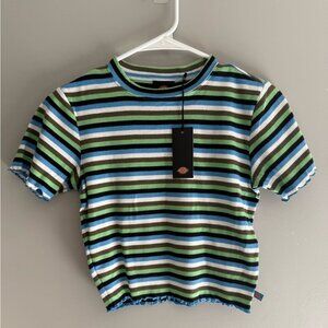Womans Striped Blue Green Ruffled Short Sleeves Baby T Shirt Sm